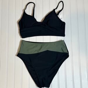 Cupshe Womens 2 Piece Swimsuit Small Black Green Twist Bikini High Waist Bottoms